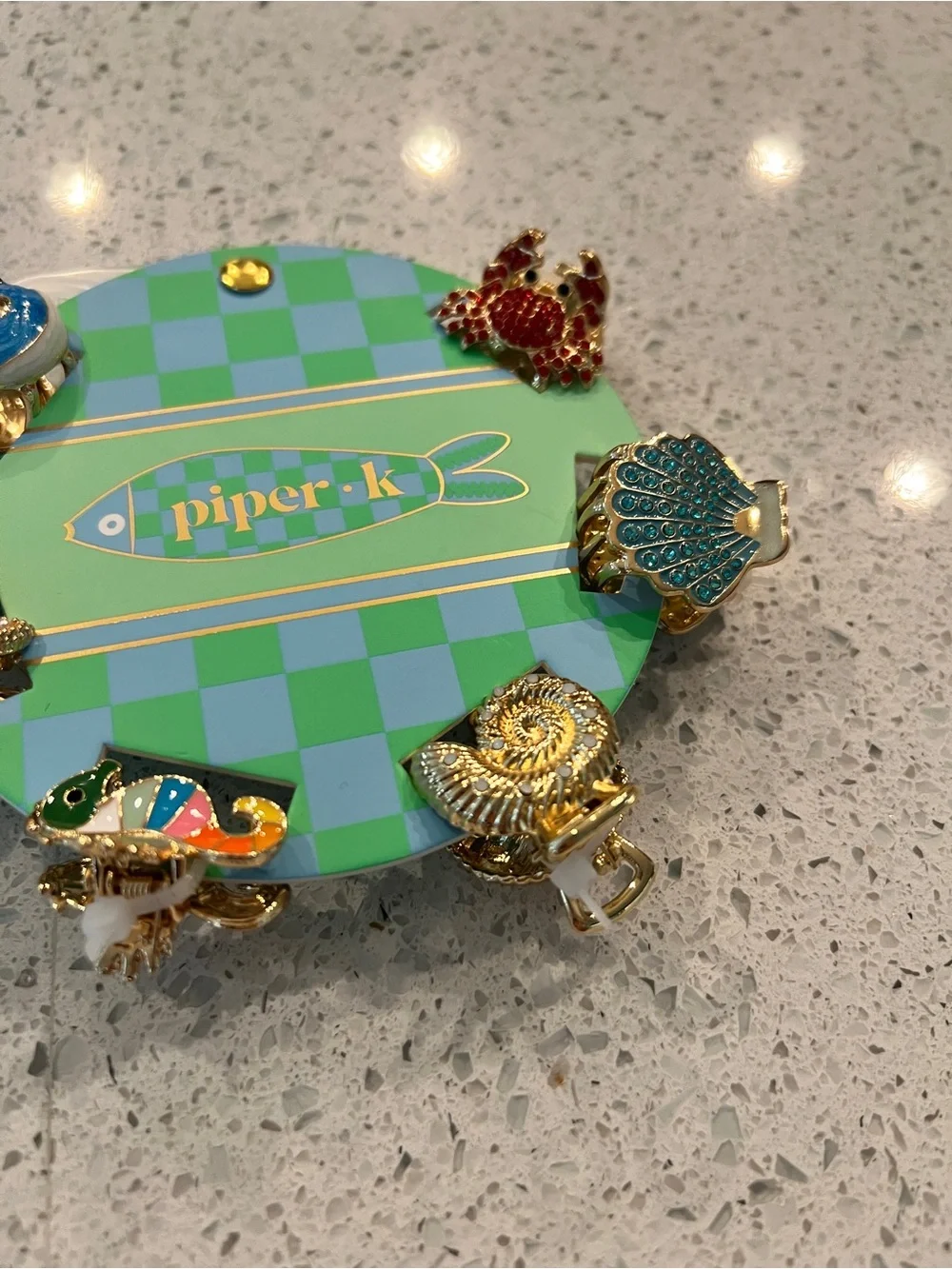 Piper K Sea Life Hair Clip Set - Green & Blue Checkerboard Backing